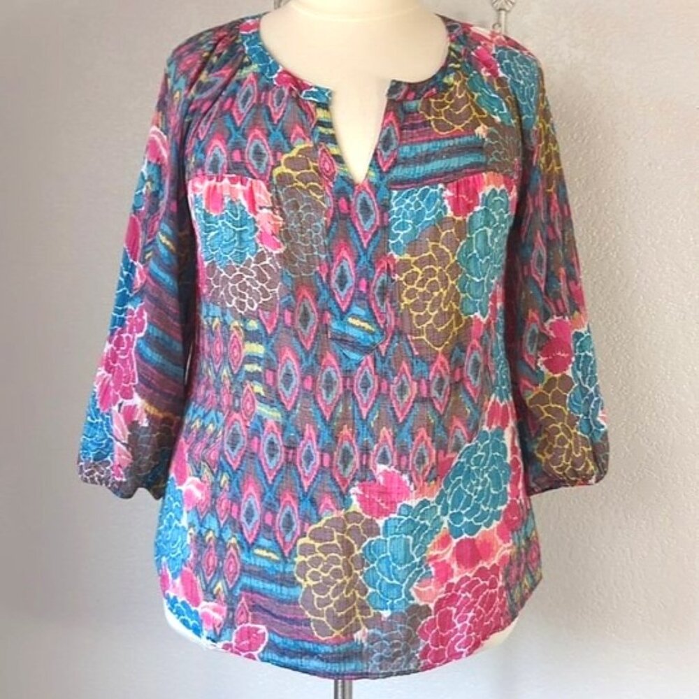 Fig and Flower 2X Peasant Blouse Long Sleeve Split V-Neck Lace Cochet Back